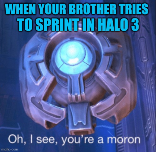halo 3 and sprint | WHEN YOUR BROTHER TRIES; TO SPRINT IN HALO 3 | image tagged in i see you re a moron,siblings,halo 3 | made w/ Imgflip meme maker