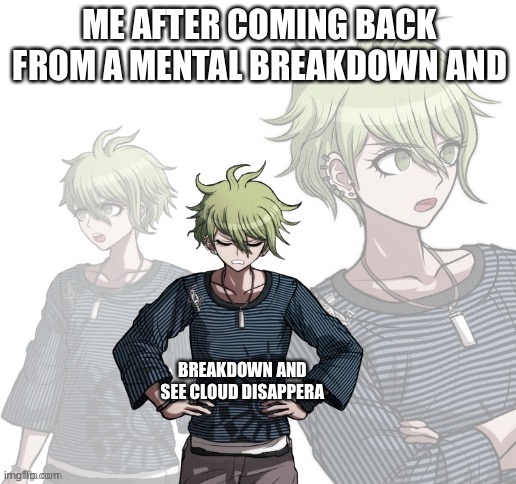 Confused Rantaro | ME AFTER COMING BACK FROM A MENTAL BREAKDOWN AND; BREAKDOWN AND SEE CLOUD DISAPPEAR | image tagged in confused rantaro | made w/ Imgflip meme maker