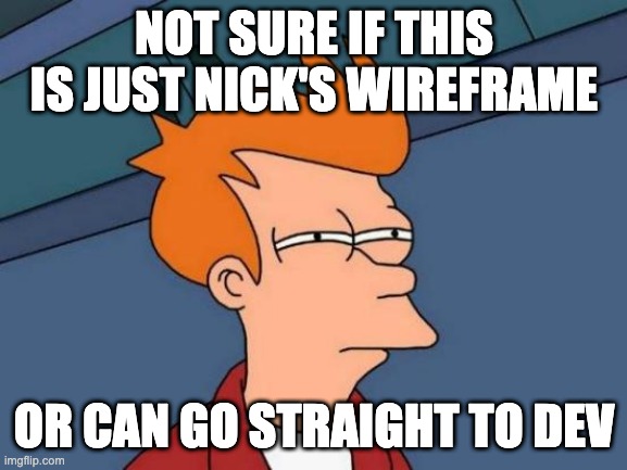 Product Manager | NOT SURE IF THIS IS JUST NICK'S WIREFRAME; OR CAN GO STRAIGHT TO DEV | image tagged in memes,futurama fry,product manager,designer | made w/ Imgflip meme maker