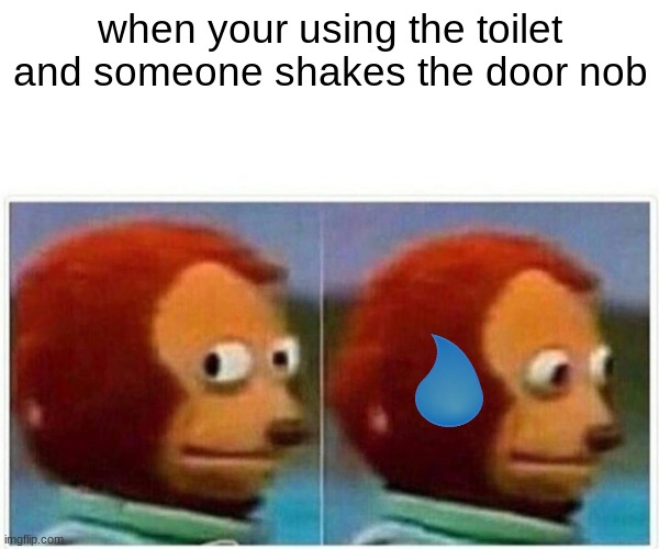 Monkey Puppet Meme | when your using the toilet and someone shakes the door nob | image tagged in memes,monkey puppet | made w/ Imgflip meme maker