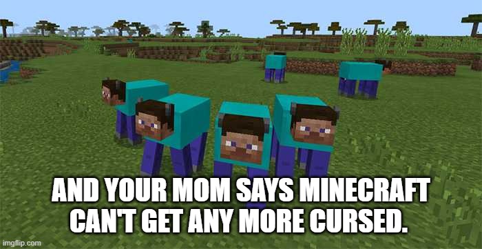 Minecraft is sososososososo cused | AND YOUR MOM SAYS MINECRAFT CAN'T GET ANY MORE CURSED. | image tagged in me and the boys | made w/ Imgflip meme maker