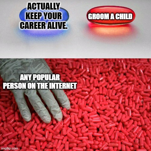Blue or red pill | ACTUALLY KEEP YOUR CAREER ALIVE. GROOM A CHILD; ANY POPULAR PERSON ON THE INTERNET | image tagged in blue or red pill | made w/ Imgflip meme maker