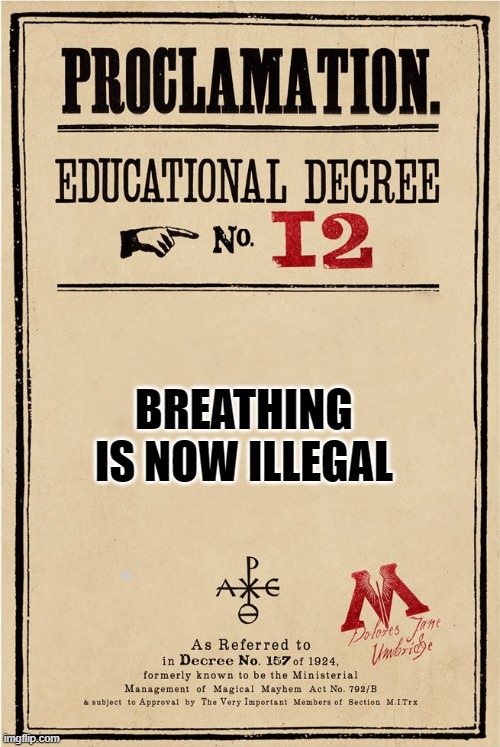 tiltle | BREATHING IS NOW ILLEGAL | image tagged in proclamation,dolores umbridge | made w/ Imgflip meme maker