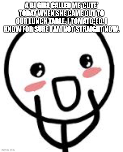 Then I started crying and laughing. (shh… don’t tell the haters that it’s Moog) | A BI GIRL CALLED ME ‘CUTE’ TODAY WHEN SHE CAME OUT TO OUR LUNCH TABLE. I TOMATO-ED. I KNOW FOR SURE I AM NOT STRAIGHT NOW. | image tagged in blush | made w/ Imgflip meme maker