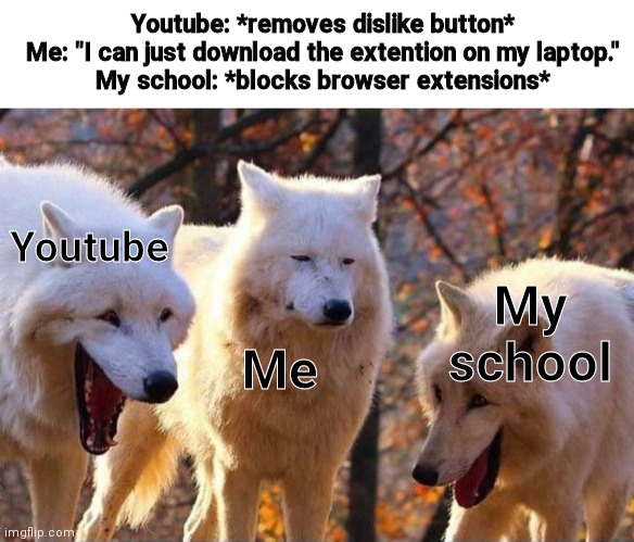 Youtube is mean | Youtube: *removes dislike button*
Me: "I can just download the extention on my laptop."
My school: *blocks browser extensions*; Youtube; My school; Me | image tagged in laughing wolf | made w/ Imgflip meme maker