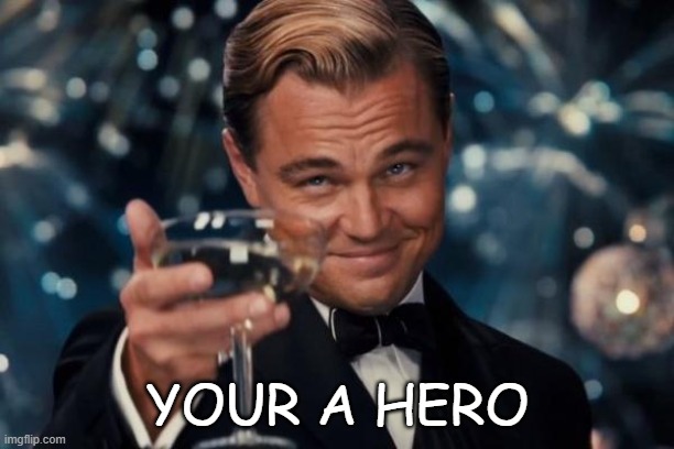 Leonardo Dicaprio Cheers Meme | YOUR A HERO | image tagged in memes,leonardo dicaprio cheers | made w/ Imgflip meme maker