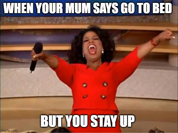 Oprah You Get A | WHEN YOUR MUM SAYS GO TO BED; BUT YOU STAY UP | image tagged in memes,oprah you get a | made w/ Imgflip meme maker