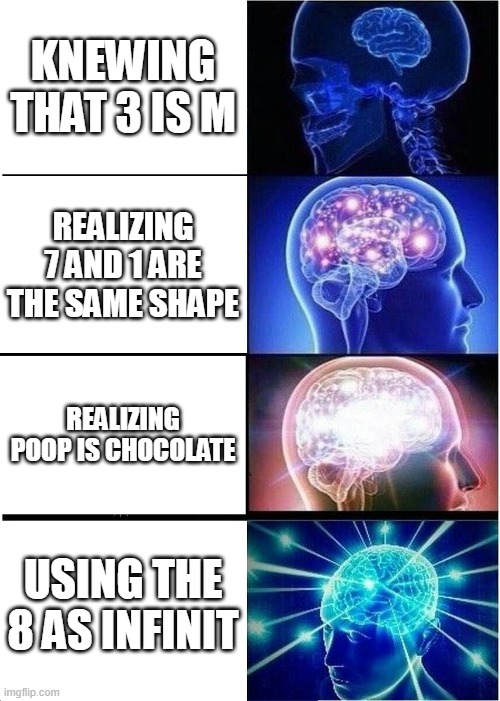 Expanding Brain Meme | KNEWING THAT 3 IS M; REALIZING 7 AND 1 ARE THE SAME SHAPE; REALIZING POOP IS CHOCOLATE; USING THE 8 AS INFINIT | image tagged in memes,expanding brain | made w/ Imgflip meme maker