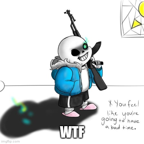 Sans with a gun | WTF | image tagged in sans with a gun | made w/ Imgflip meme maker