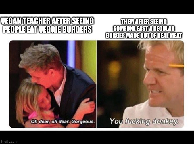 gordon ramsay | THEM AFTER SEEING SOMEONE EAST A REGULAR BURGER MADE OUT OF REAL MEAT; VEGAN TEACHER AFTER SEEING PEOPLE EAT VEGGIE BURGERS | image tagged in gordon ramsay | made w/ Imgflip meme maker