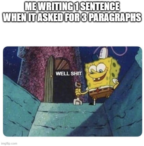 Well shit.  Spongebob edition | ME WRITING 1 SENTENCE WHEN IT ASKED FOR 3 PARAGRAPHS | image tagged in well shit spongebob edition | made w/ Imgflip meme maker