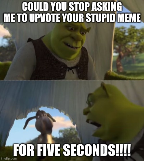 Could you not ___ for 5 MINUTES | COULD YOU STOP ASKING ME TO UPVOTE YOUR STUPID MEME; FOR FIVE SECONDS!!!! | image tagged in could you not ___ for 5 minutes | made w/ Imgflip meme maker
