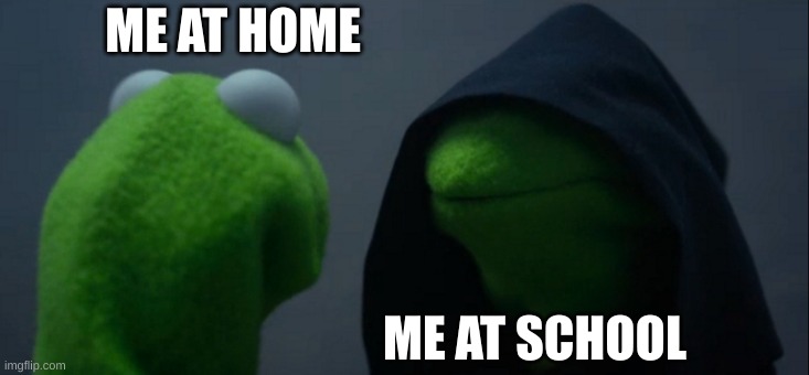 Me a Home VS. me at school | ME AT HOME; ME AT SCHOOL | image tagged in memes,evil kermit | made w/ Imgflip meme maker