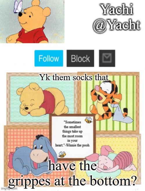 Yachi's Winnie temp | Yk them socks that; have the grippes at the bottom? | image tagged in yachi's winnie temp | made w/ Imgflip meme maker