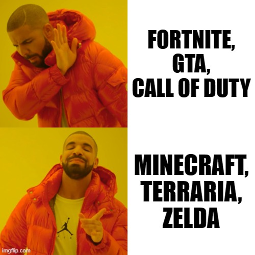 Games | FORTNITE,
GTA,
CALL OF DUTY; MINECRAFT,
TERRARIA,
ZELDA | image tagged in drake hotline bling | made w/ Imgflip meme maker