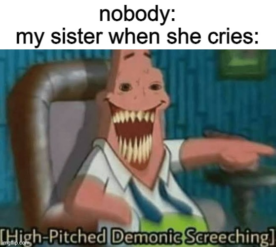 [INSERT CLEVER TITLE HERE] | nobody:
my sister when she cries: | image tagged in high-pitched demonic screeching | made w/ Imgflip meme maker