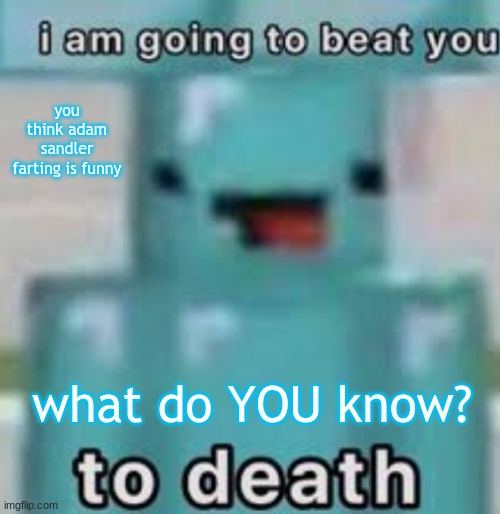 e | you think adam sandler farting is funny; what do YOU know? | image tagged in e | made w/ Imgflip meme maker