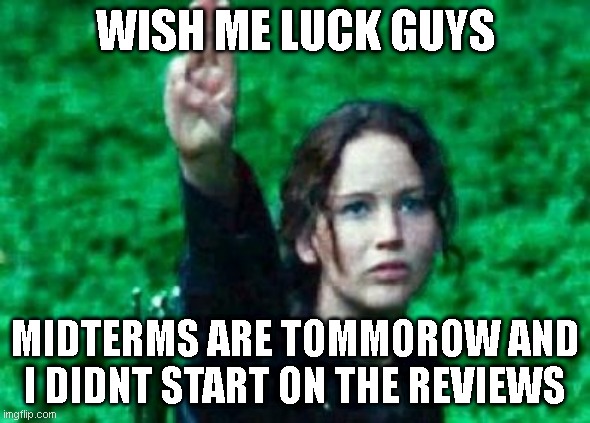wish me luck on the world geography midterm | WISH ME LUCK GUYS; MIDTERMS ARE TOMMOROW AND I DIDNT START ON THE REVIEWS | image tagged in katniss salute,relatable,school | made w/ Imgflip meme maker