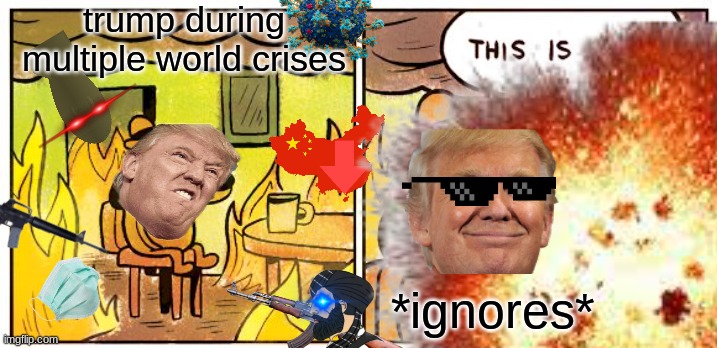 this is very very very not fine | trump during multiple world crises; *ignores* | image tagged in this is fine,politics,donald trump,funny memes | made w/ Imgflip meme maker