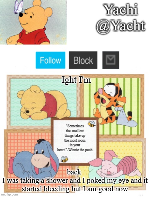 Yachi's Winnie temp | Ight I'm; back 
I was taking a shower and I poked my eye and it started bleeding but I am good now | image tagged in yachi's winnie temp | made w/ Imgflip meme maker