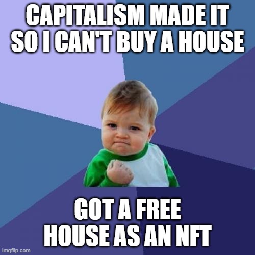 Success Kid Meme | CAPITALISM MADE IT SO I CAN'T BUY A HOUSE; GOT A FREE HOUSE AS AN NFT | image tagged in memes,success kid | made w/ Imgflip meme maker