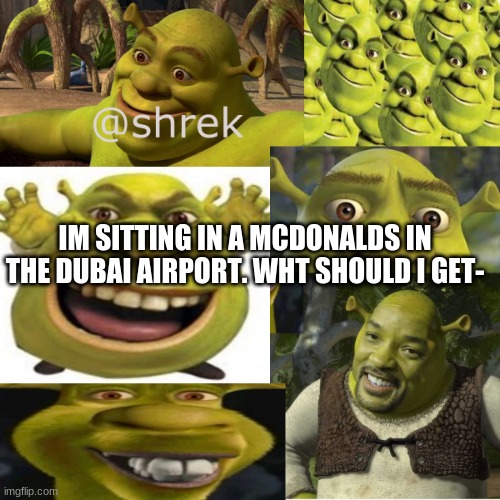 shrek announcement temp | IM SITTING IN A MCDONALDS IN THE DUBAI AIRPORT. WHT SHOULD I GET- | image tagged in shrek announcement temp | made w/ Imgflip meme maker