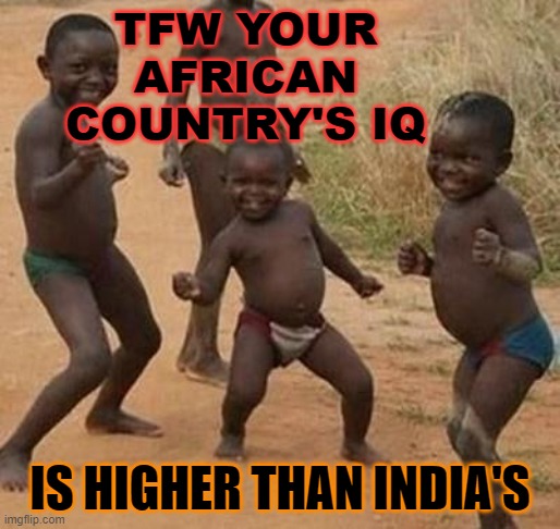 Tfw your African country's IQ is higher than India's |  TFW YOUR AFRICAN COUNTRY'S IQ; IS HIGHER THAN INDIA'S | image tagged in african kids dancing | made w/ Imgflip meme maker
