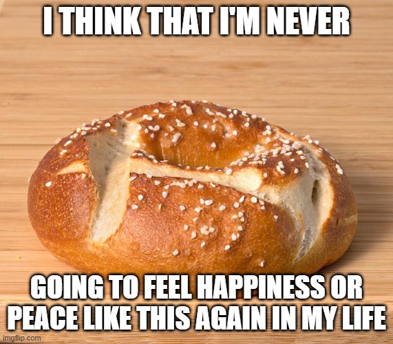  I THINK THAT I'M NEVER; GOING TO FEEL HAPPINESS OR PEACE LIKE THIS AGAIN IN MY LIFE | image tagged in bagel | made w/ Imgflip meme maker