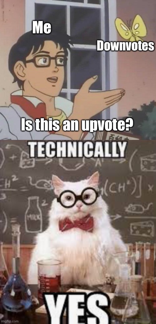 Technically yes | Me; Downvotes; Is this an upvote? | image tagged in memes,is this a pigeon,yes,well yes but actually no,upvotes | made w/ Imgflip meme maker