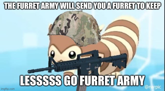 Furret army with gun | THE FURRET ARMY WILL SEND YOU A FURRET TO KEEP; LESSSSS GO FURRET ARMY | image tagged in furret,is,da,best | made w/ Imgflip meme maker