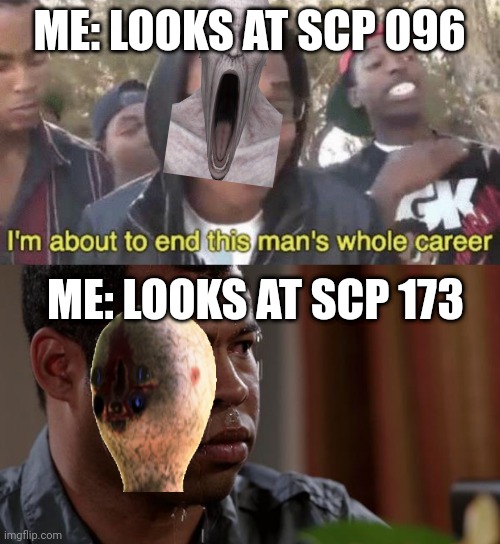 ME: LOOKS AT SCP 096; ME: LOOKS AT SCP 173 | image tagged in i m about to end this man s whole career,sweating bullets | made w/ Imgflip meme maker