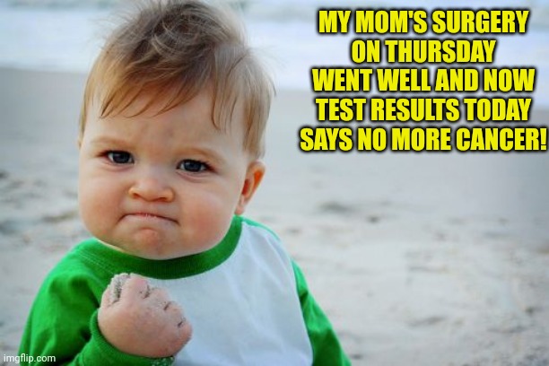 Success Kid Original | MY MOM'S SURGERY ON THURSDAY WENT WELL AND NOW TEST RESULTS TODAY SAYS NO MORE CANCER! | image tagged in memes,success kid original | made w/ Imgflip meme maker