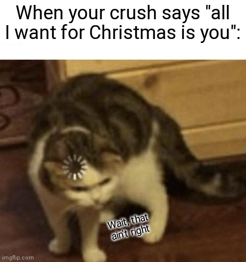 When has this ever happened to anyone | When your crush says "all I want for Christmas is you":; Wait, that ain't right | image tagged in cat loading template | made w/ Imgflip meme maker