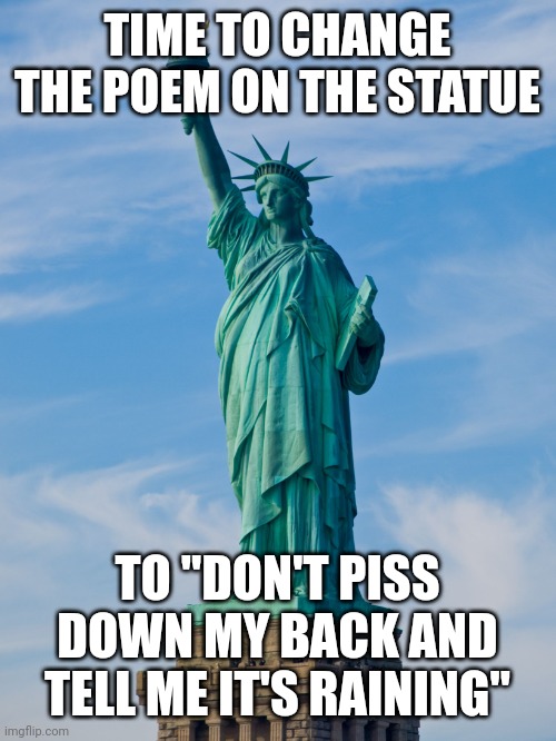 statue of liberty | TIME TO CHANGE THE POEM ON THE STATUE; TO "DON'T PISS DOWN MY BACK AND TELL ME IT'S RAINING" | image tagged in statue of liberty | made w/ Imgflip meme maker