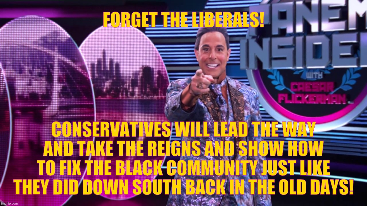 Hunger Games - Caesar Flickerman (Stanley Tucci) "You are it!" | FORGET THE LIBERALS! CONSERVATIVES WILL LEAD THE WAY
AND TAKE THE REIGNS AND SHOW HOW TO FIX THE BLACK COMMUNITY JUST LIKE
THEY DID DOWN SOU | image tagged in hunger games - caesar flickerman stanley tucci you are it | made w/ Imgflip meme maker