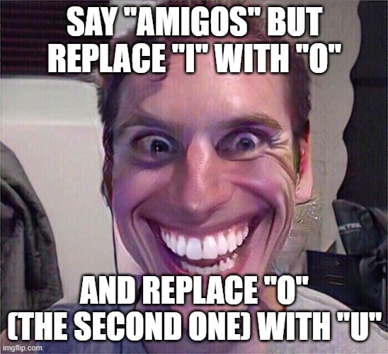 amigos meme | SAY "AMIGOS" BUT REPLACE "I" WITH "O"; AND REPLACE "O" (THE SECOND ONE) WITH "U" | image tagged in jerma sus | made w/ Imgflip meme maker