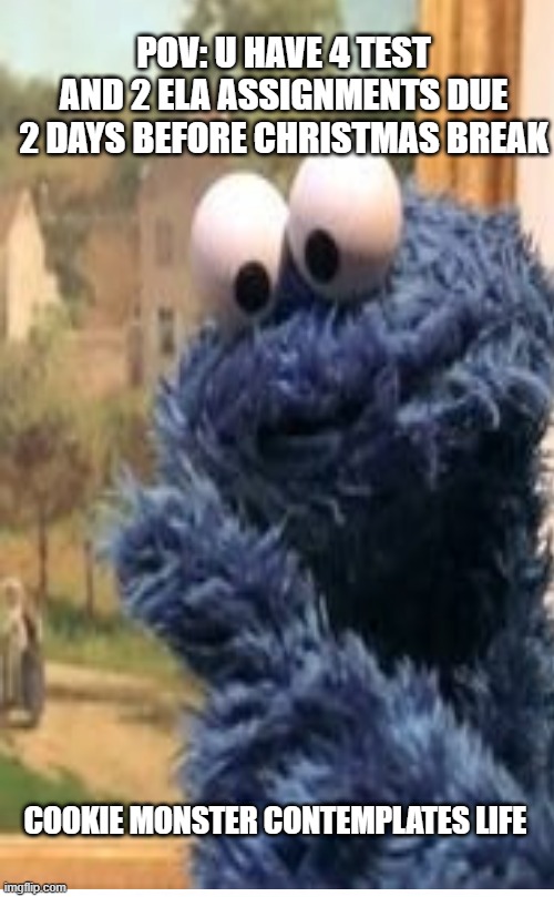 cookie monster contemplates life | POV: U HAVE 4 TEST AND 2 ELA ASSIGNMENTS DUE 2 DAYS BEFORE CHRISTMAS BREAK; COOKIE MONSTER CONTEMPLATES LIFE | image tagged in memes | made w/ Imgflip meme maker