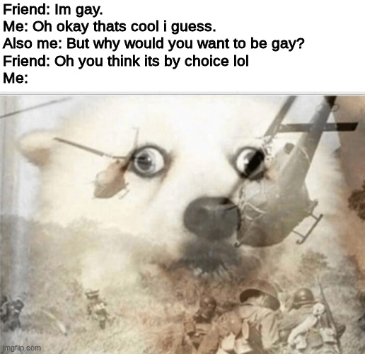 PTSD dog | Friend: Im gay.
Me: Oh okay thats cool i guess.
Also me: But why would you want to be gay?
Friend: Oh you think its by choice lol
Me: | image tagged in ptsd dog,gay | made w/ Imgflip meme maker