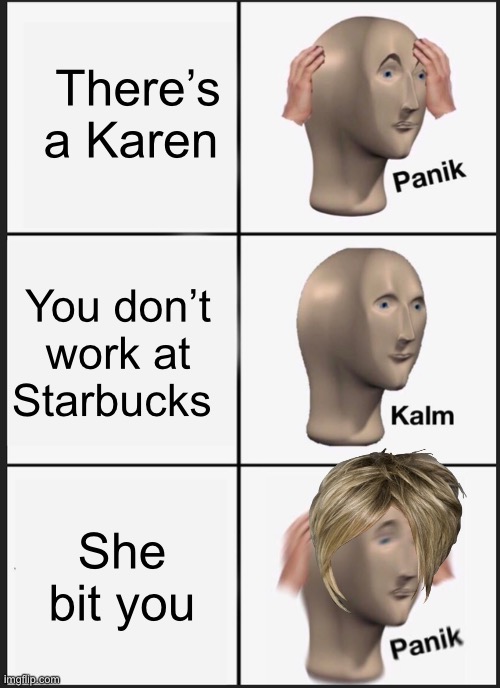 Panik Kalm Panik Meme | There’s a Karen; You don’t work at Starbucks; She bit you | image tagged in memes,panik kalm panik | made w/ Imgflip meme maker