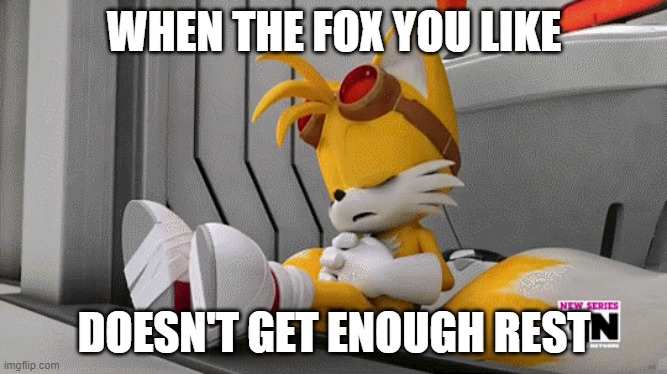 Tails the fox sleeping on the job | WHEN THE FOX YOU LIKE; DOESN'T GET ENOUGH REST | image tagged in tails the fox | made w/ Imgflip meme maker