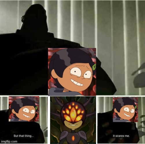 Marcy sees her future self | image tagged in marcy wu,amphibia,tf2,i fear no man | made w/ Imgflip meme maker