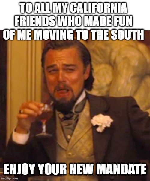 Laughing Leo Meme | TO ALL MY CALIFORNIA FRIENDS WHO MADE FUN OF ME MOVING TO THE SOUTH; ENJOY YOUR NEW MANDATE | image tagged in memes,laughing leo | made w/ Imgflip meme maker