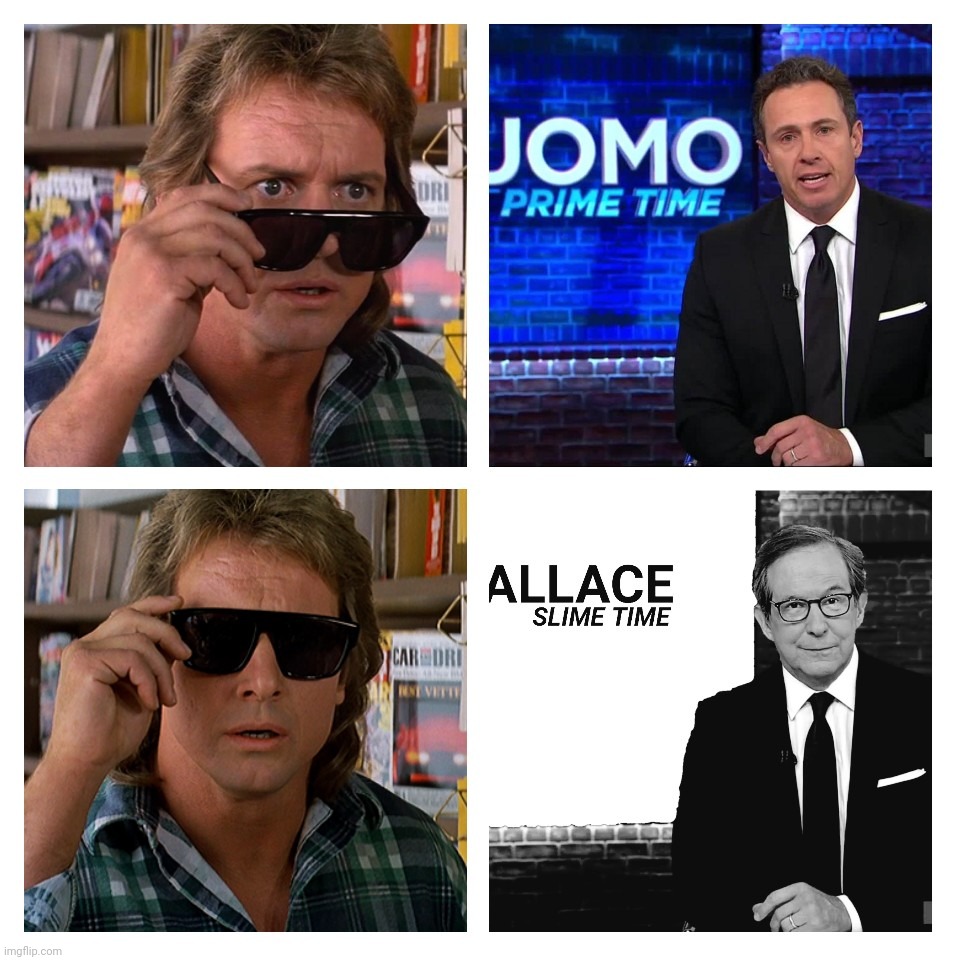 They Lie:  I have come here to spread propaganda and report the news and I'm all out of news! | image tagged in bad photoshop,chris cuomo,chris wallace,they live,cnn | made w/ Imgflip meme maker