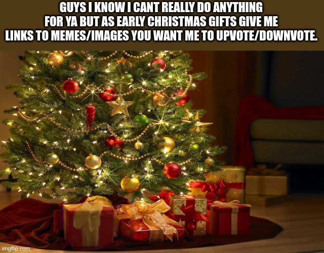 Go ahead. | GUYS I KNOW I CANT REALLY DO ANYTHING FOR YA BUT AS EARLY CHRISTMAS GIFTS GIVE ME LINKS TO MEMES/IMAGES YOU WANT ME TO UPVOTE/DOWNVOTE. | image tagged in hello and merry christmas | made w/ Imgflip meme maker