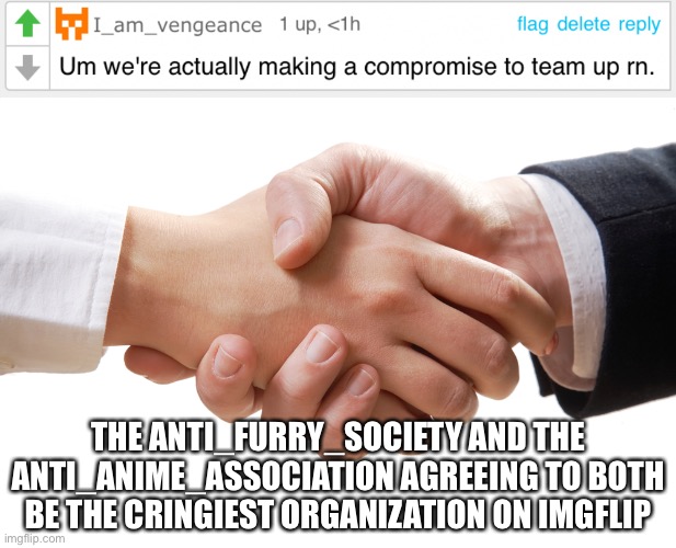 I understand your reasoning, but your jokes and harassment are cringe af (and anti_anime_menes, I somewhat agree with you on not | THE ANTI_FURRY_SOCIETY AND THE ANTI_ANIME_ASSOCIATION AGREEING TO BOTH BE THE CRINGIEST ORGANIZATION ON IMGFLIP | image tagged in shaking hands | made w/ Imgflip meme maker