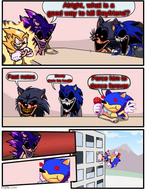 The demonic hedgehogs planning how to kill Boyfriend | Alright, what is a good way to kill Boyfriend? Fast notes; Slowly drain his health; Force him to dance forever | image tagged in memes,boardroom meeting suggestion,fnf mod,sonic exe | made w/ Imgflip meme maker