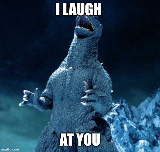 I laugh at you |  I LAUGH; AT YOU | image tagged in laughing godzilla | made w/ Imgflip meme maker