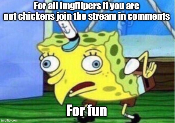 :3 | For all imgflipers if you are not chickens join the stream in comments; For fun | image tagged in memes,mocking spongebob | made w/ Imgflip meme maker