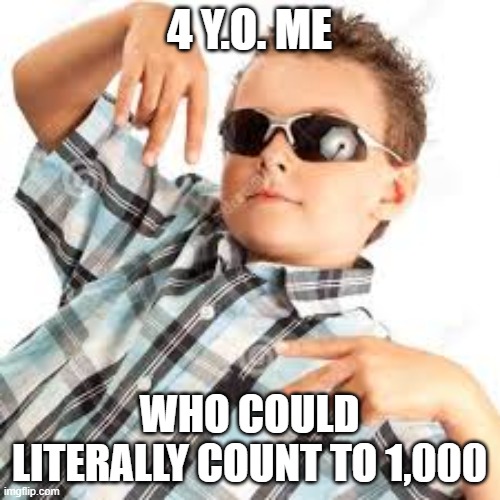 Cool kid sunglasses | 4 Y.O. ME WHO COULD LITERALLY COUNT TO 1,000 | image tagged in cool kid sunglasses | made w/ Imgflip meme maker