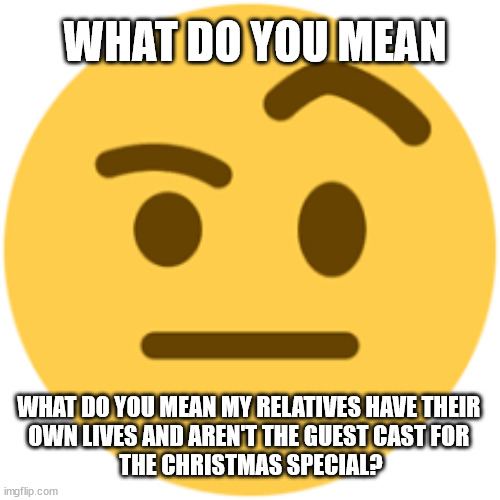 Relatives Are Not NPCs | WHAT DO YOU MEAN; WHAT DO YOU MEAN MY RELATIVES HAVE THEIR 
OWN LIVES AND AREN'T THE GUEST CAST FOR 
THE CHRISTMAS SPECIAL? | image tagged in christmas,relatives | made w/ Imgflip meme maker